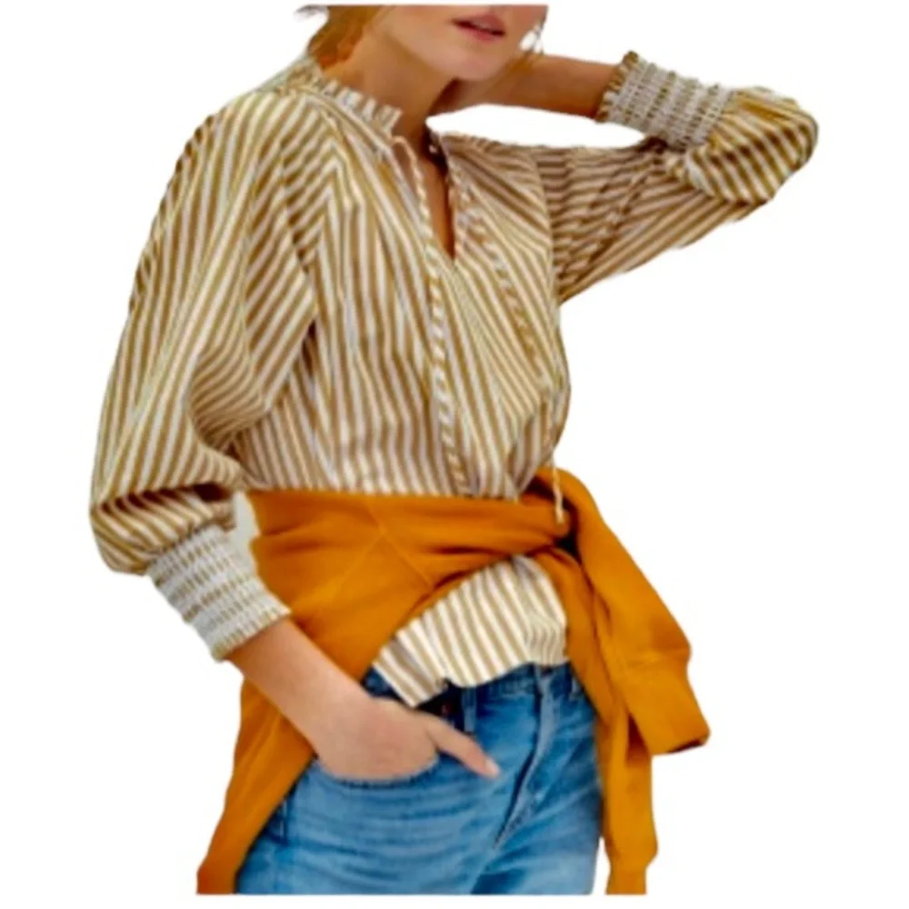 J. Crew ReImagined Popover Top Smocked Cuffs Ruffle Neck Striped Tan White Small